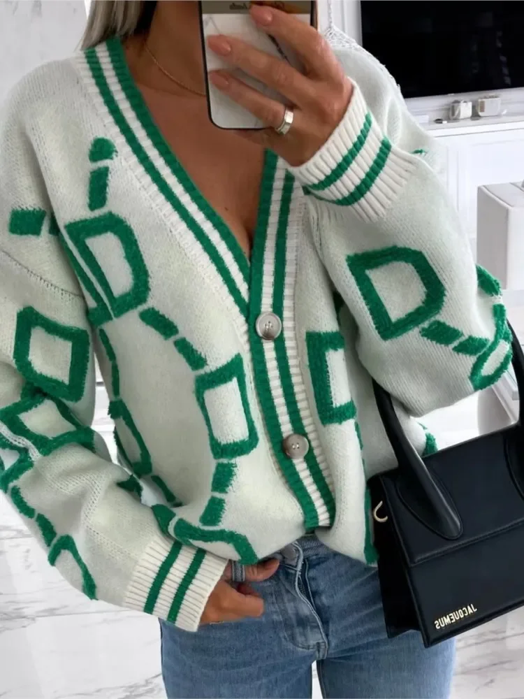 Women Cardigan Green Striped Pink Knit Button Lady V-neck Loose Casual Winter Fashion Knitted Coat Y2k Sweater Ropa Mujer Свитер