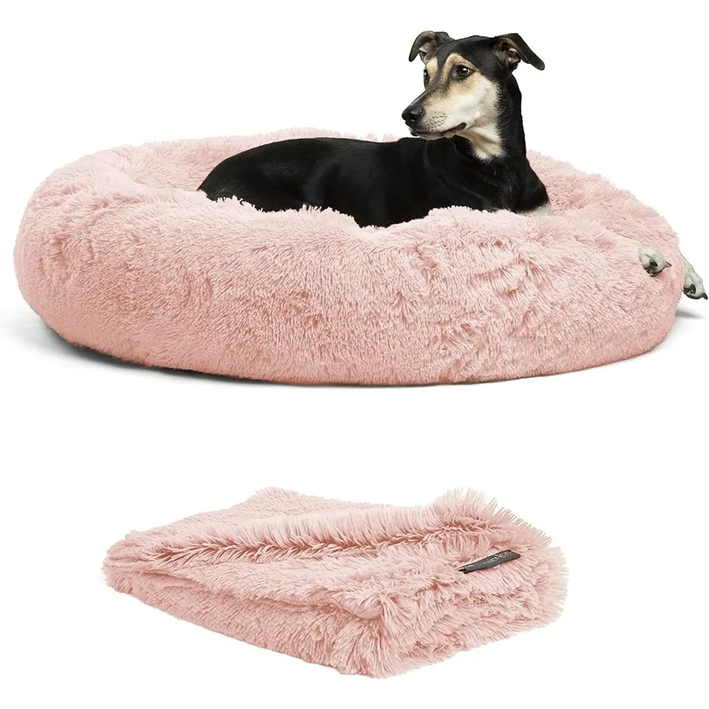 

Bundle Set The Original Calming Shag Donut Cuddler Cat and Dog Bed + Pet Throw Blanket Cotton Candy Pink Large 36"