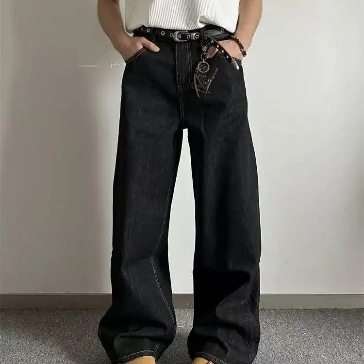 

Мужские джинсы с широкими штанинами в американском стиле ретро, повседневные свободные прямые брюки длиной до пола, длинные брюки CleanFit, молодежная мода