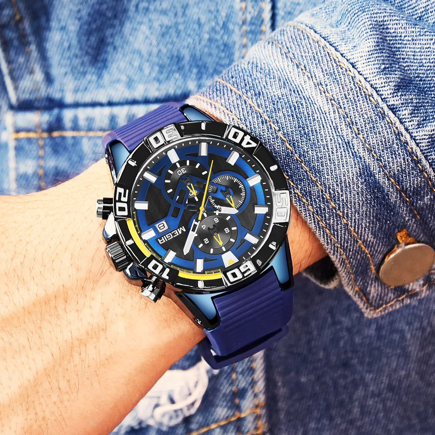 MEGIR Men Sport Chronograph Luxury Silicone Waterproof Quartz Military Watch Business Wristwatch with Date Relogio Masculino