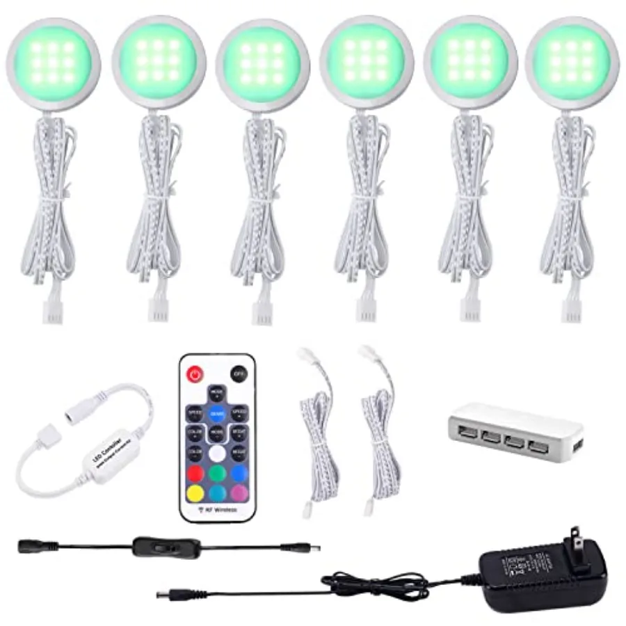 

RGB Color Changing LED Under Cabinet Lights Kit Aluminum Slim Puck Lamps for Kitchen Counter Wardrobe Counter Furniture Ambianc