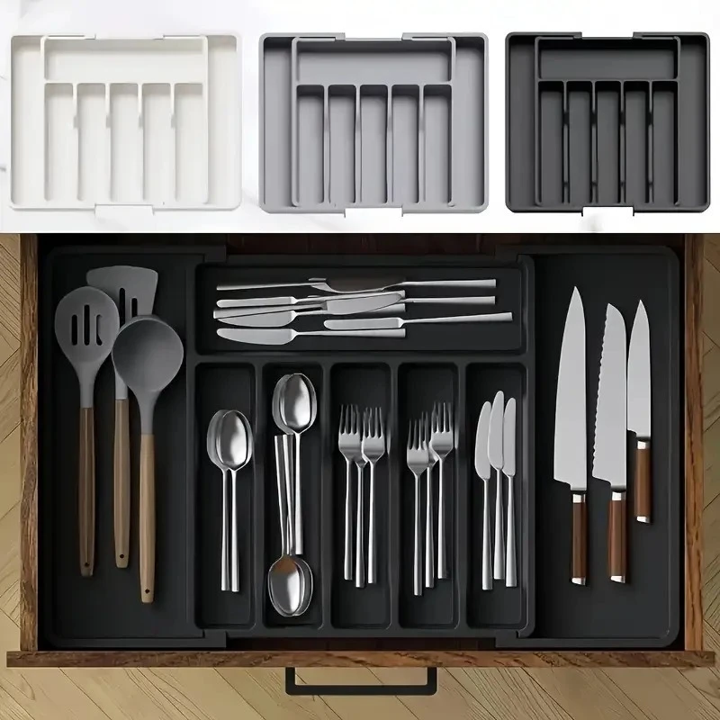 Adjustable Kitchen Drawer Organizer Cutlery Tray Utensil Storage Holder for Spoons Forks Knives Tableware Space Saving Organizer
