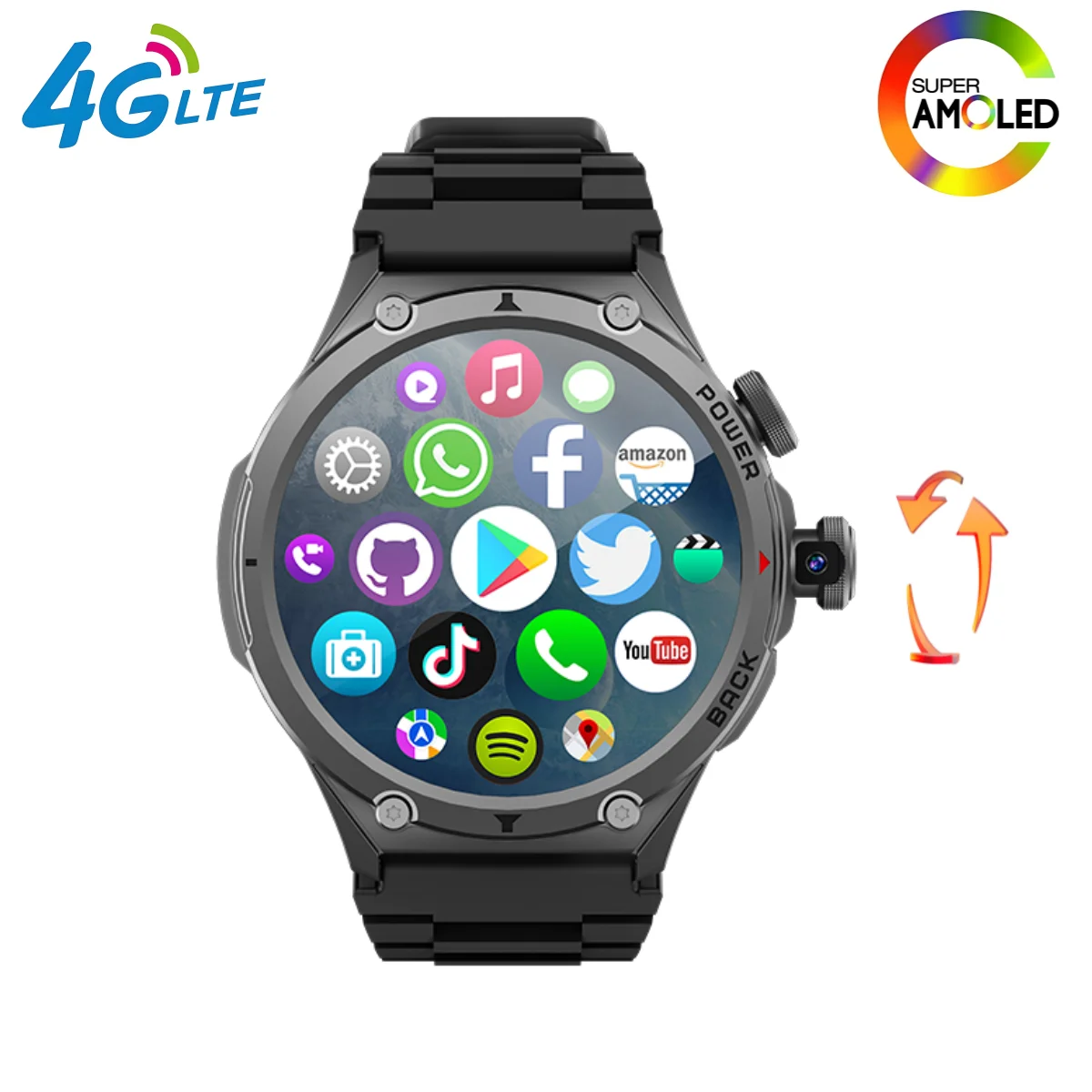 

H12 Smartwatch 4G WIFI SIM Card 4G LTE 1.8 inch Amoled 720*720 Rotary Cameras Video Call GPS Play Store App Download Smart Watch