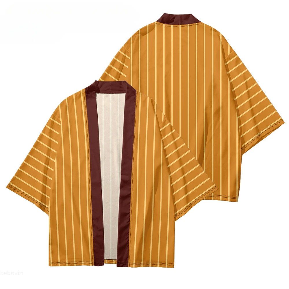 เสื้อคลุมคอสเพลย์ลายทางสีส้ม ปี 2025 สำหรับผู้หญิงและผู้ชาย เสื้อคลุมคาร์ดิแกน ยูกาตะชายหาด ชุดกิโมโนญี่ปุ่น เสื้อคลุมลำลองแบบดั้งเดิม