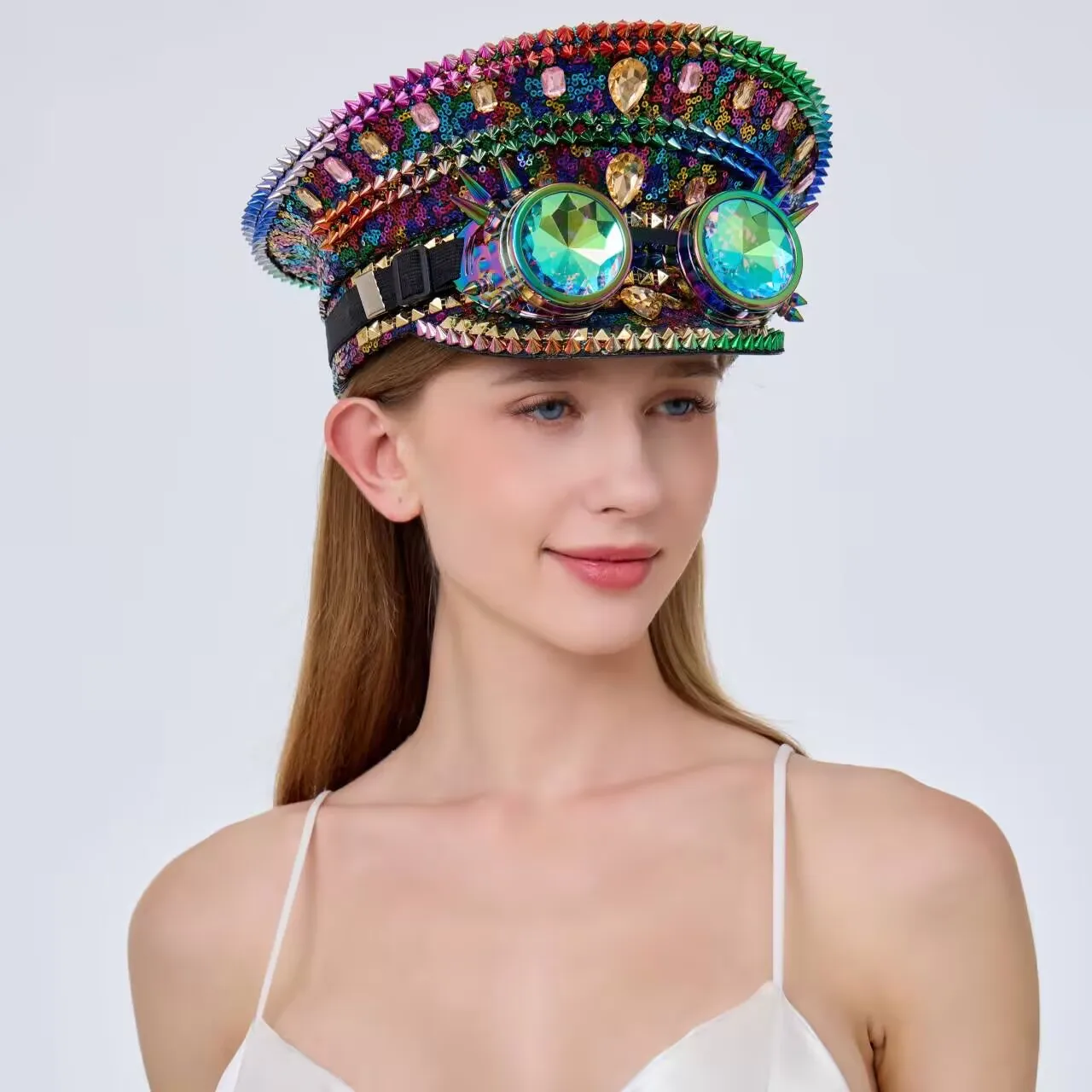 Steampunk Festival Captain Hat Rhinestone Goggles Unisex Adult Sequin Anime Accessories Music Festival Cosplay Cap
