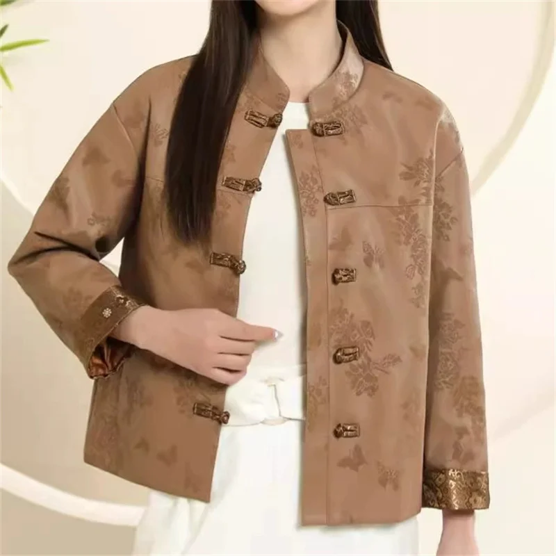 Chinese-style Leather Jacket Women's Vintage Short Coat Coil-buckle Stand-up Collar Top Printed Loose PU Outerwear Spring Autumn