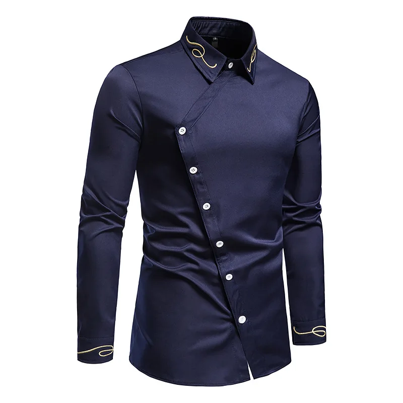 Men\'s Irregular Oblique Button Up Dress Shirts Streetwear Luxury Elegant Embroidery Business Shirt Chemise Homme Mens Blouses