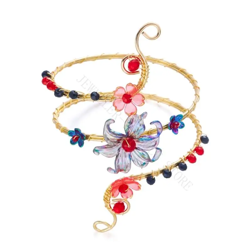 R7UF Exotic Floral Cuff Bracelet with Gold Tone Metal Frame, Adjustable Open Fit Jewelry for Dress Up Looks and Daily Wear