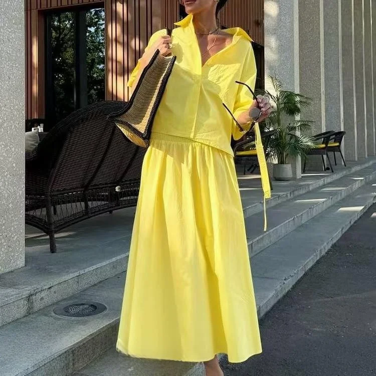 

Yellow Collared irt And Skirt Set Long Sve Faion Ensemble Cotton Material Autumn Collection Two Piece Suit Student Uni...