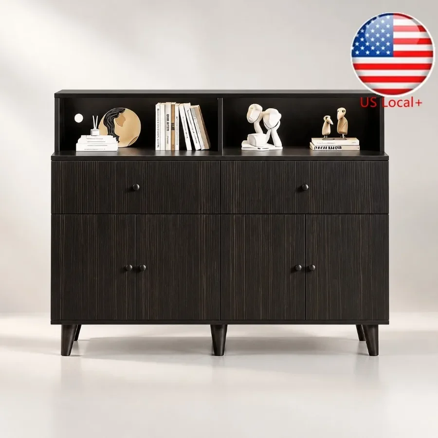 47.2 Wood Storage Cabinet with Power LED Light for Home Office, Black Walnut Finish, Rustic Modern Design