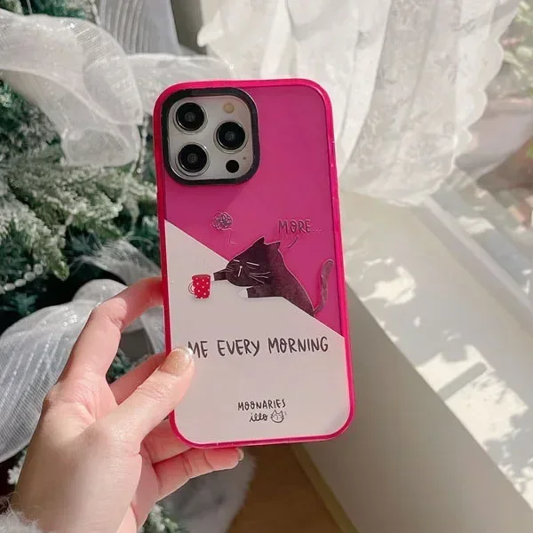 2.0 Acrylic Upgrade Border Black Cat Morning Phone Case Cover for iPhone 11 12 13 14 15 Pro Max Case for iPhone 15 Pro