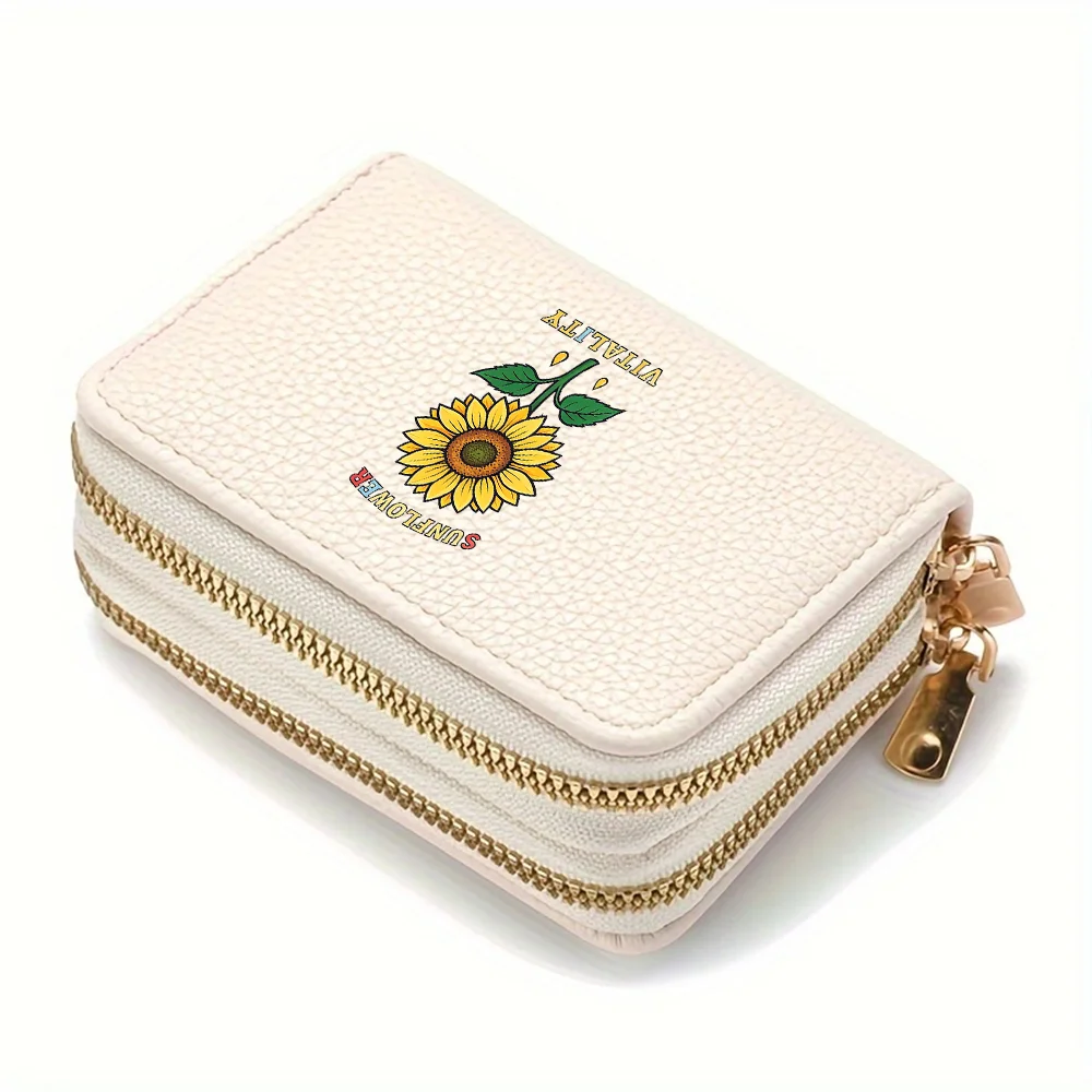 Cute Sunflower Mini Lady's Wallet PU Leather Double Zipper Coin Pouch Multi-Layer Card Storage Portable Card Bag