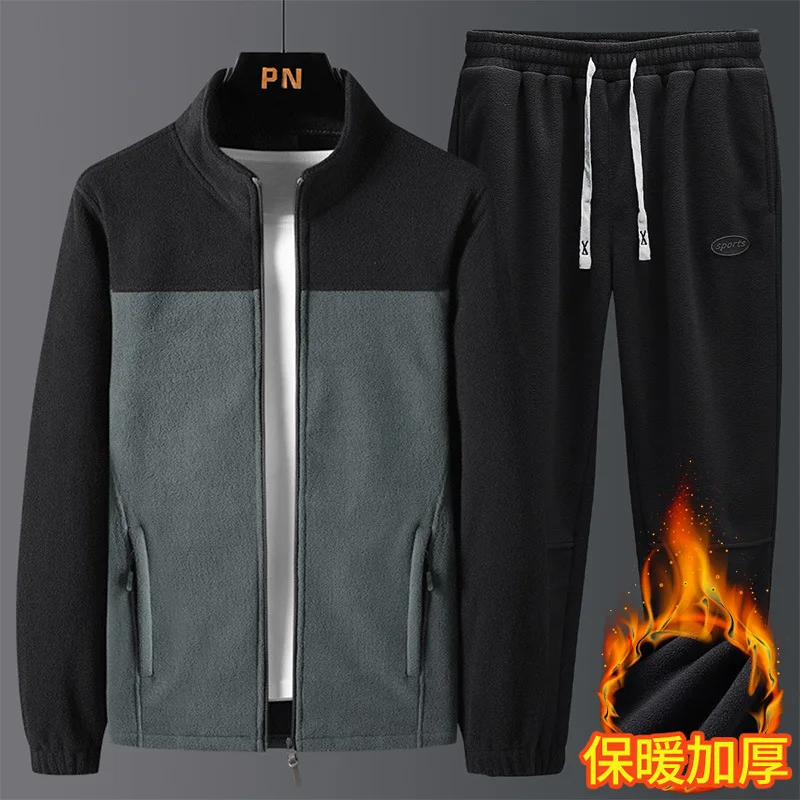 Mens Winter Polar Fleece Sets Mens Casual Loose Lamb Wool Thicken Warm 2 Piece (Jacket+Pant) Outdoor Sport Jogger TrackSuits 5XL