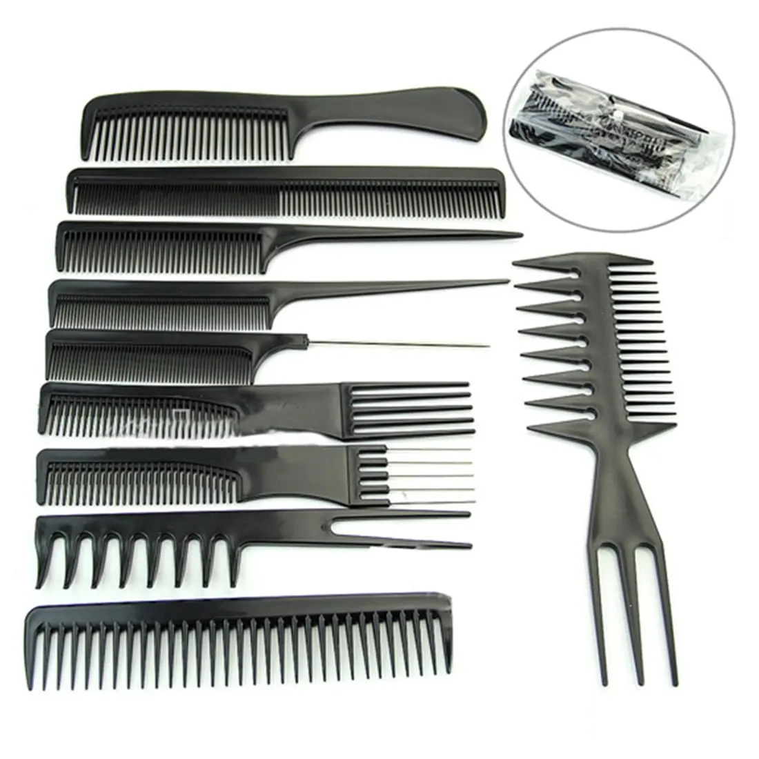 

10Pcs Hairdressing Combs Set Pro Barbers Brush Combs Flat Comb Plastic Black