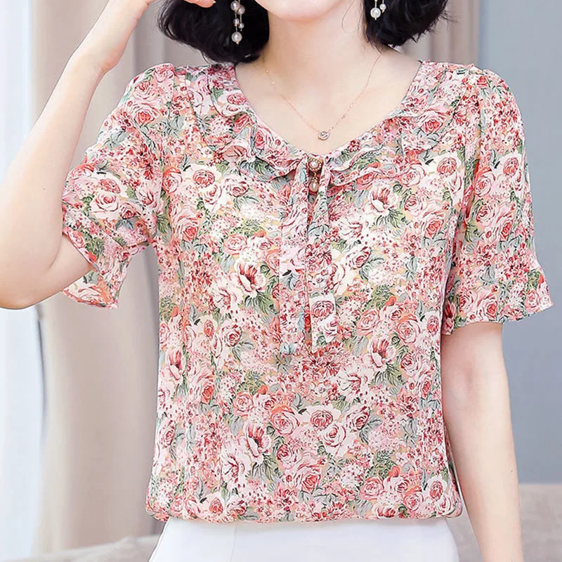 Elegant Fashion Floral Printed Bow Ruffles Chiffon Shirt Summer 2023 New Ruffled Neck Short Sleeve Loose Blouse Women\'s Clothing