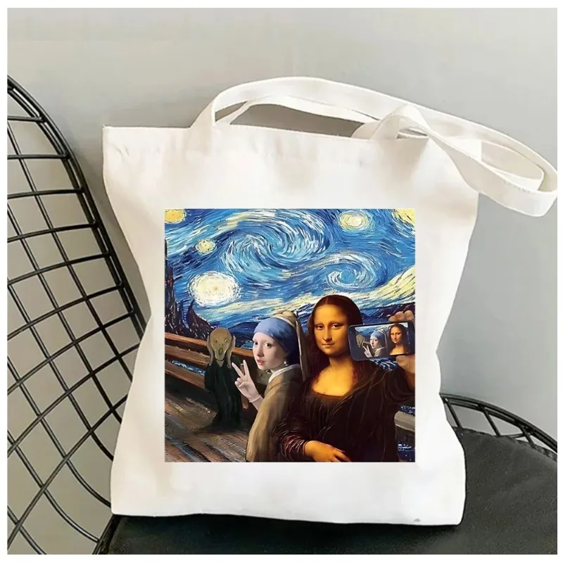 الموناليزا الصراخ وسيلفي من أربعة لوحات كلاسيكية الهريس الموناليزا حقيبة كتف التسوق حقيبة قماش قنب حقائب اليد فتاة الموضة #2
