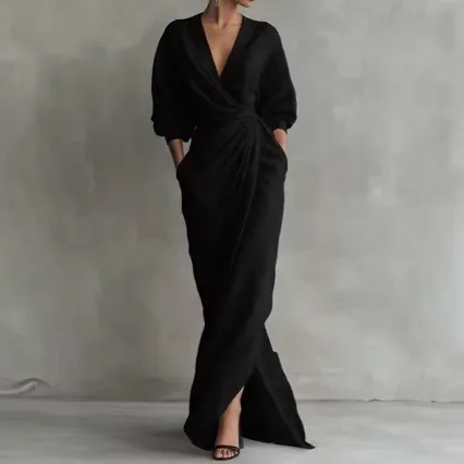 

Elegant Wrap Maxi Dress for Women V Neck Long Sleeve Ruched High Waist Split Dress 2026 Spring Formal Evening Party Dress