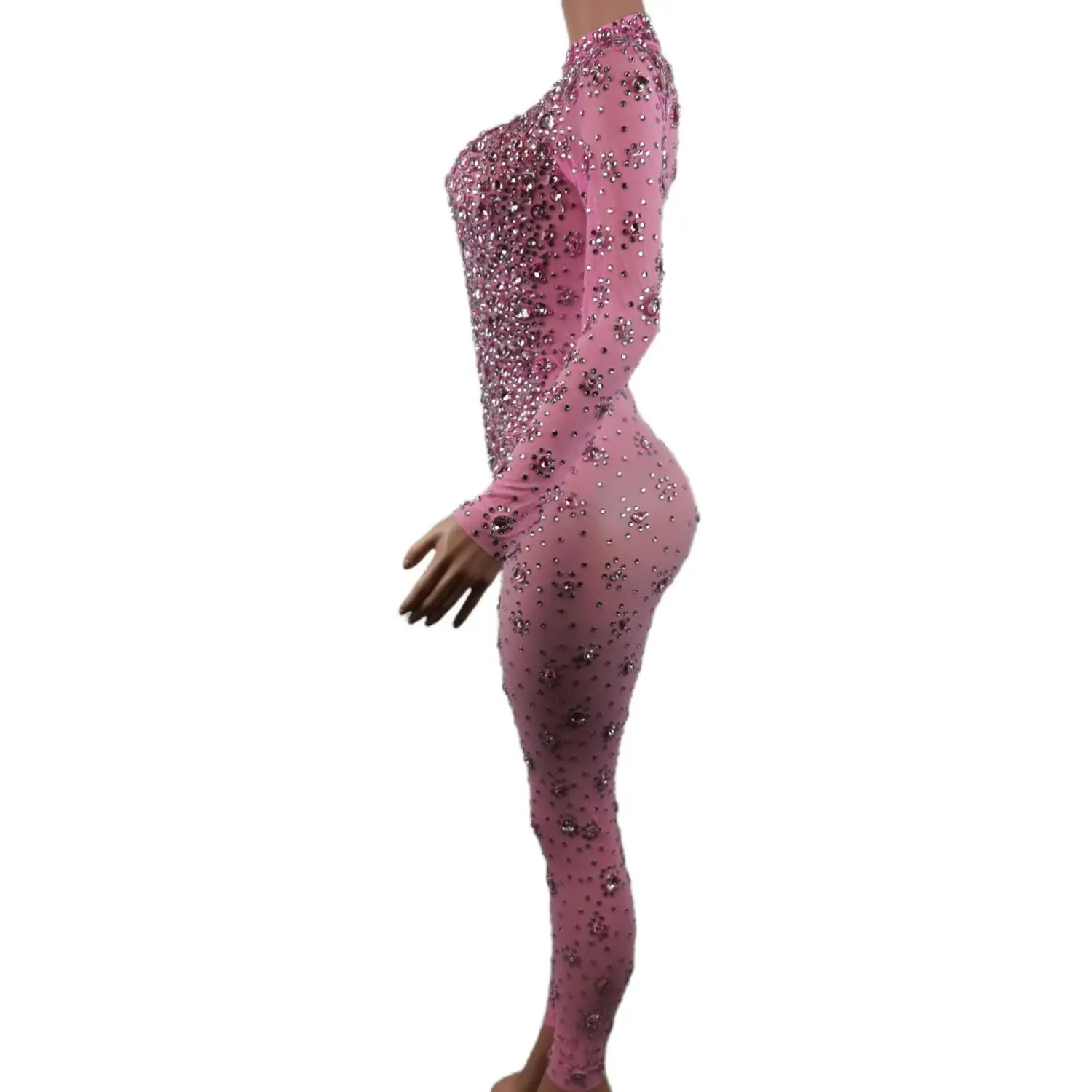 Strass brilhantes rosa manga longa macacão sexy feminino desempenho cristal bodysuit boate pólo dança traje festa de formatura wear