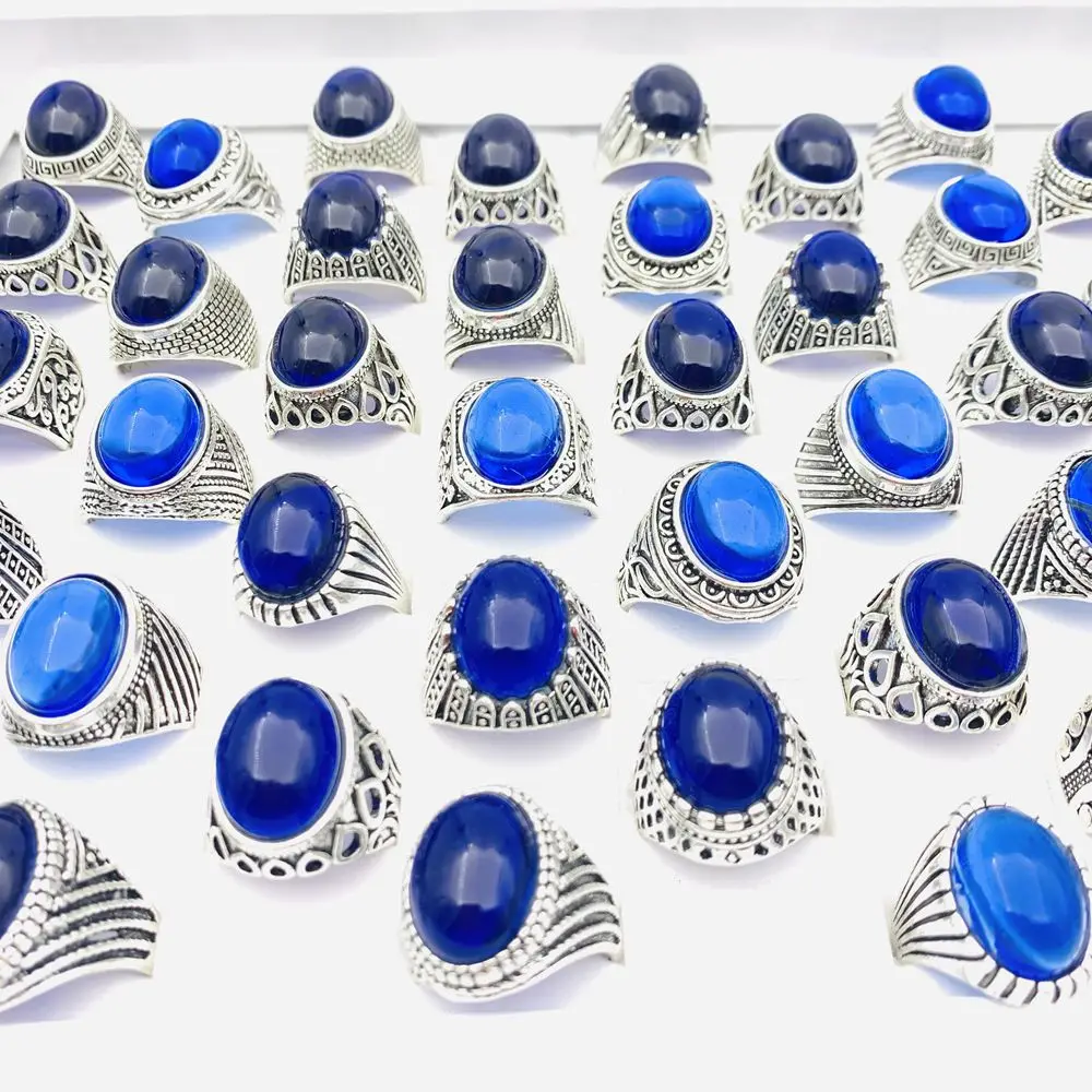 20pcs Retro Rings For Men and Women Blue Stone Vintage Jewelry Silver Plated Party Gift Wholesale