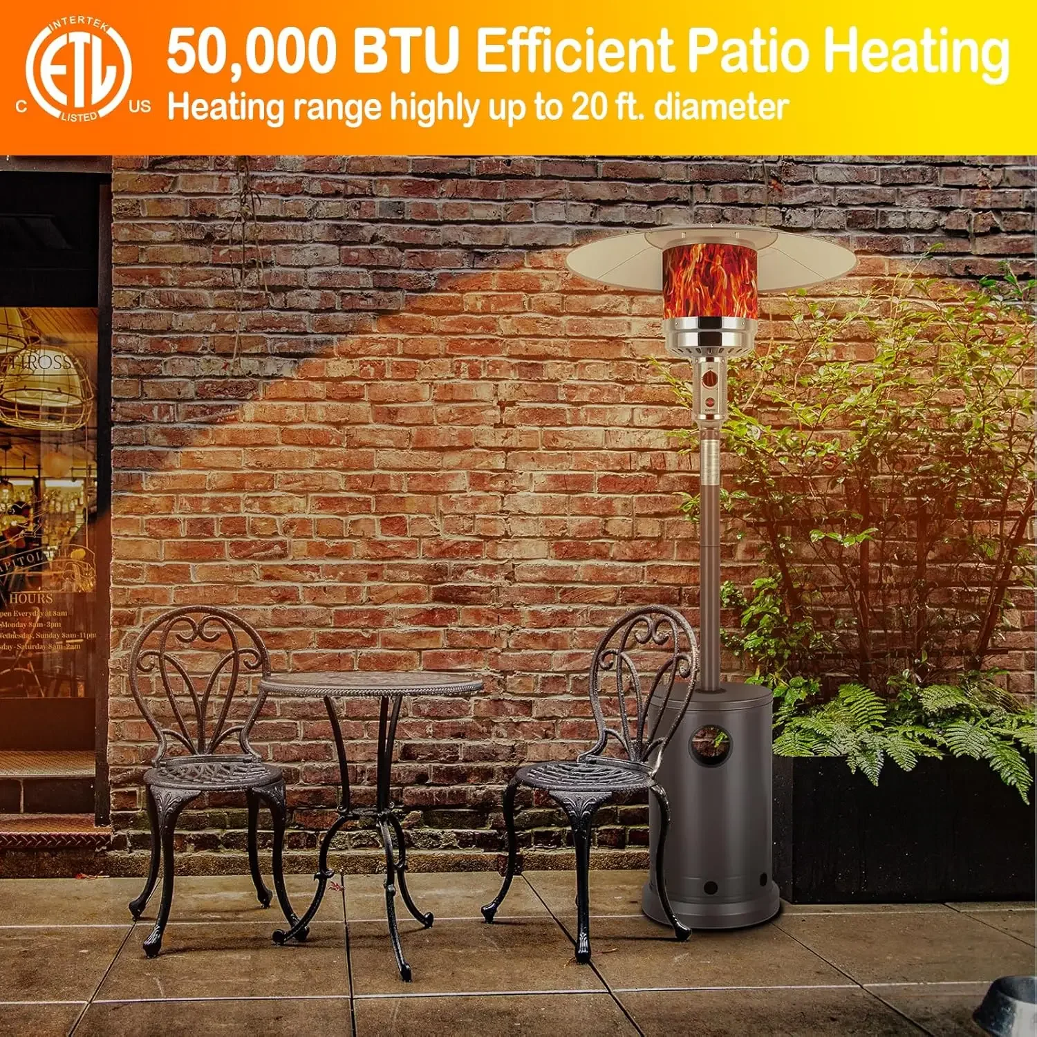 50,000 BTU Propane Patio Heater with Table Design, Stainless Steel Burner, Triple Protection System, Wheels, Outdoor Heaters for