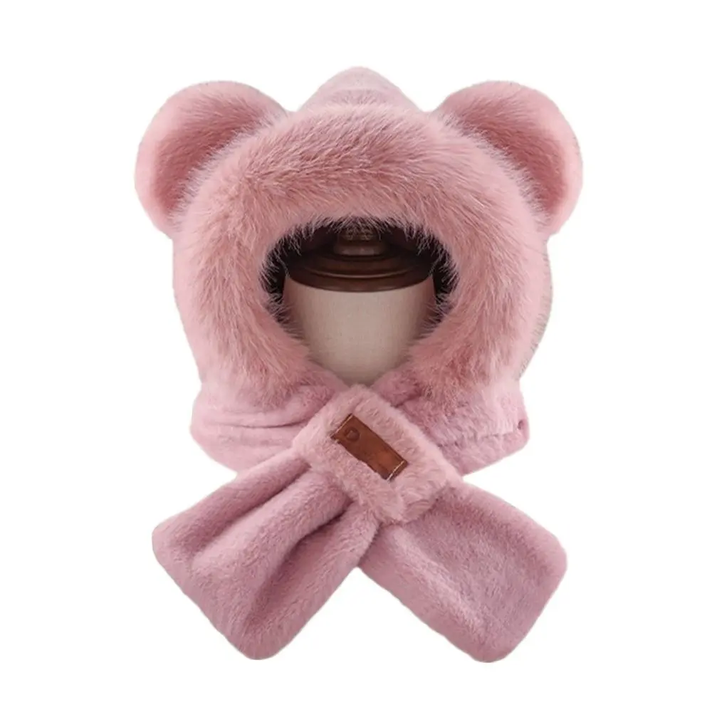 かわいいぬいぐるみ風冬用一体型キャップスカーフ、暖かい防風ビーニー帽スカーフ、カジュアルな厚手スカーフセット、フード付きサイクリング用