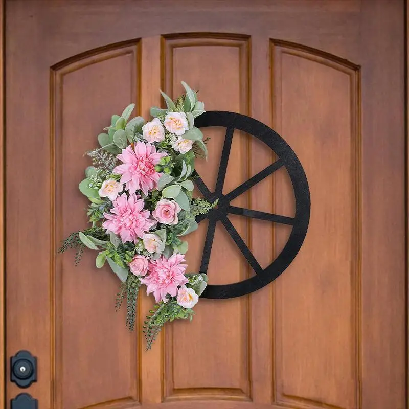 Artificial Flower Wreath Pink Door Wheel Wreath With Silk Flowers 17 Inches Pink Flower Wreath Decoration For Indoor Outdoor