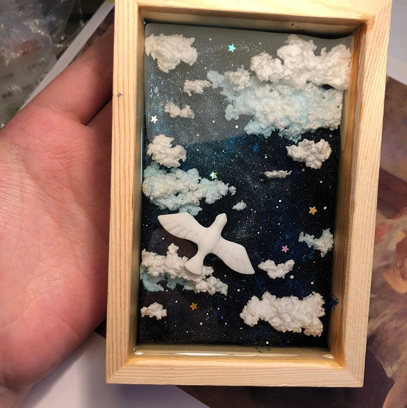 Handmade 3D three-dimensional resin painting, sky ocean whale glue ornament, hand-painted gift.