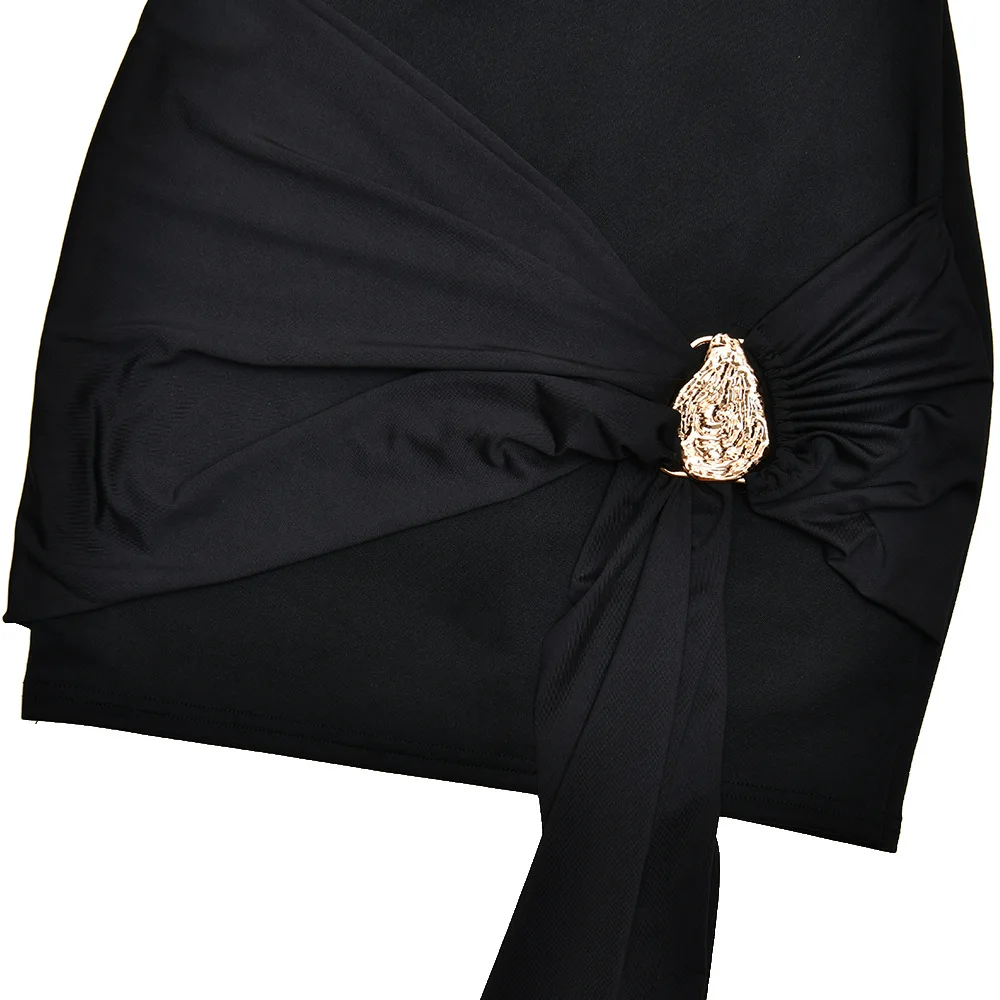 TWOTWINSTYLE สีทึบเซ็กซี่ชุดเข้ารูปสำหรับผู้หญิงคอกลมแขนสั้นเอวสูงประกบริบบิ้นชุดหญิงสไตล์ใหม่