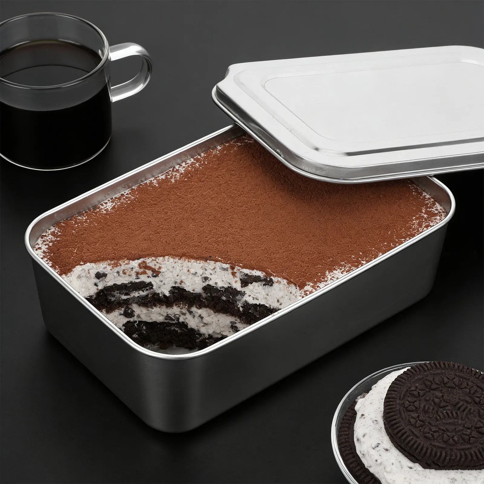Stampo da Forno in Acciaio Inox per Tiramisù con Coperchio, Teglia Rettangolare Multifunzione per Lasagna, Tiramisù e Cheesecake