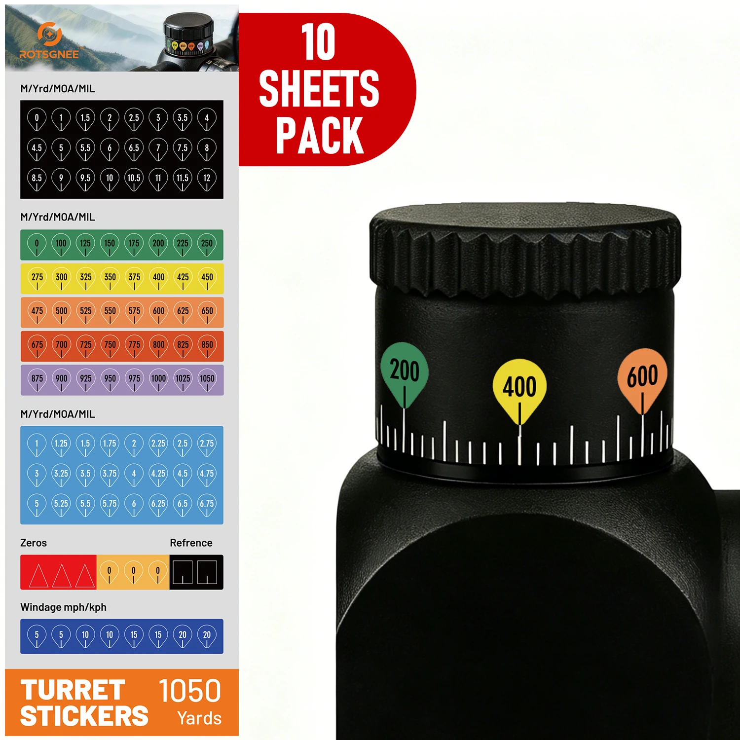 Turret Stickers MOA/MIL for Rifle Scope, 1050 Yards Ballistic Yardage Decals, Shooting