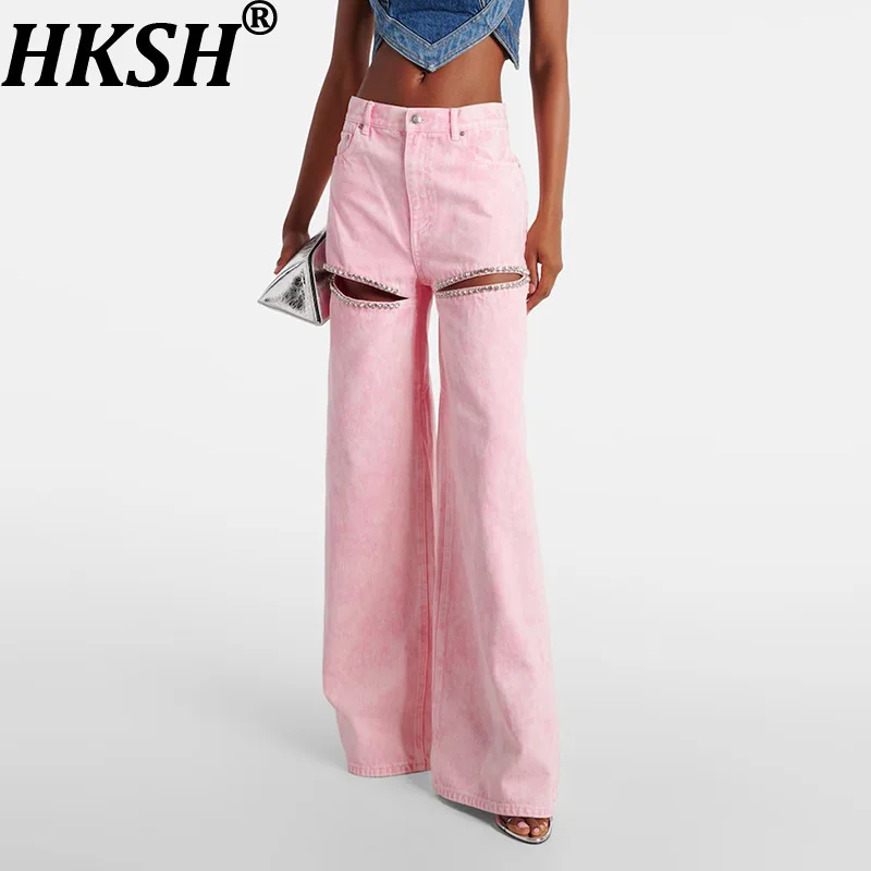 

HKSH Women Chic Pink Jeans Ripped Studded Diamonds Elegant High Street Ins Trendy Casual Wide Leg Pants New Spring Summer HK5650