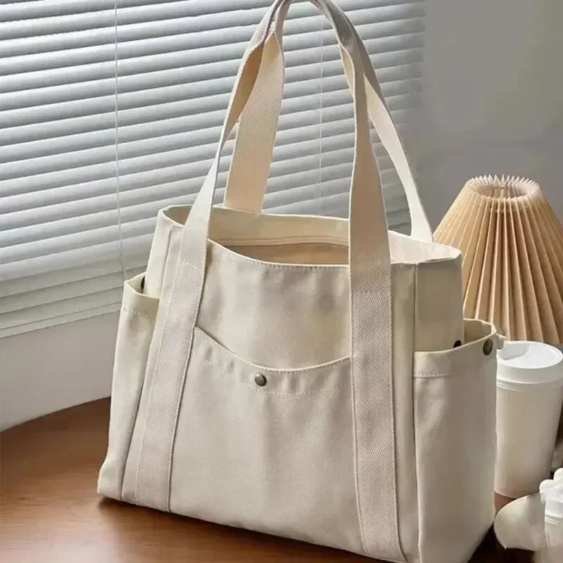 y2k 2026 Canvas Women's Bag Large Capacity Multiple Outer Pocket Zipper Shoulder Bag Student Handbag Shopping