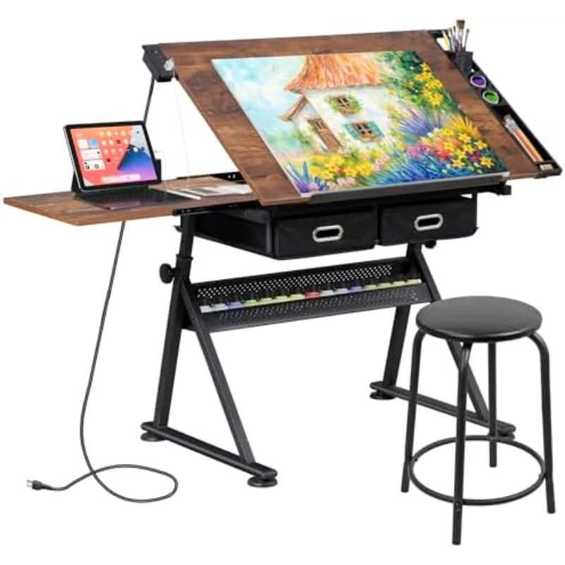 Adjustable Drafting Table with Stool, Tilting Drawing Desk Artist Table with Storage Drawers, Art Craft Workstation for