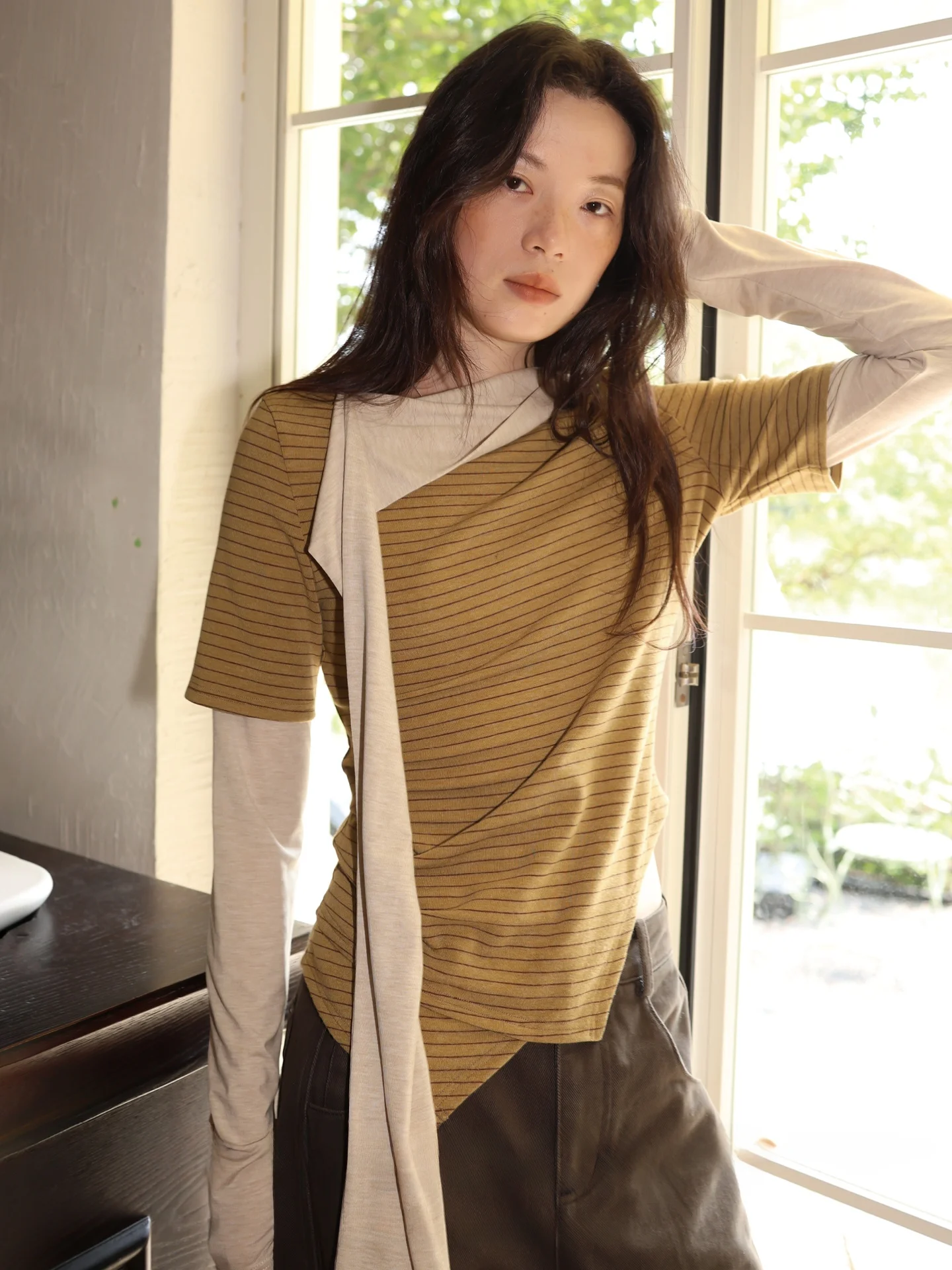 

Футболка Long Sve с асимметричным подолом Sa в полоску, цветной дизайн Blo, повседневная женская футболка-стойка из смеси полиэстера