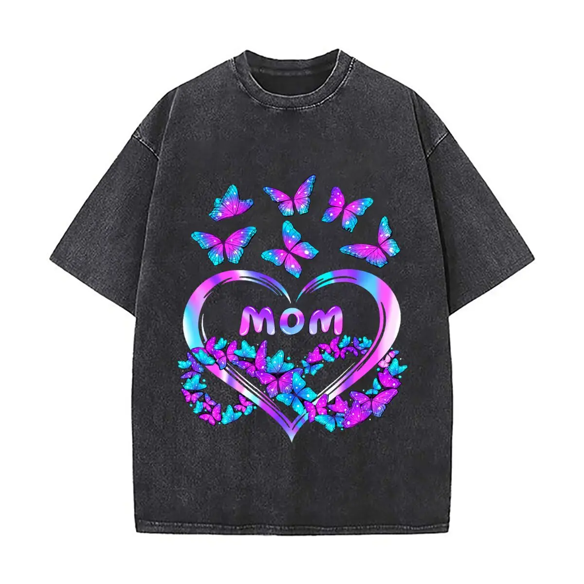 Mom Purple Blue Butterfly Heart Swirl Graphic Washed Vintage Short Sleeve Loose Streetwear Tee