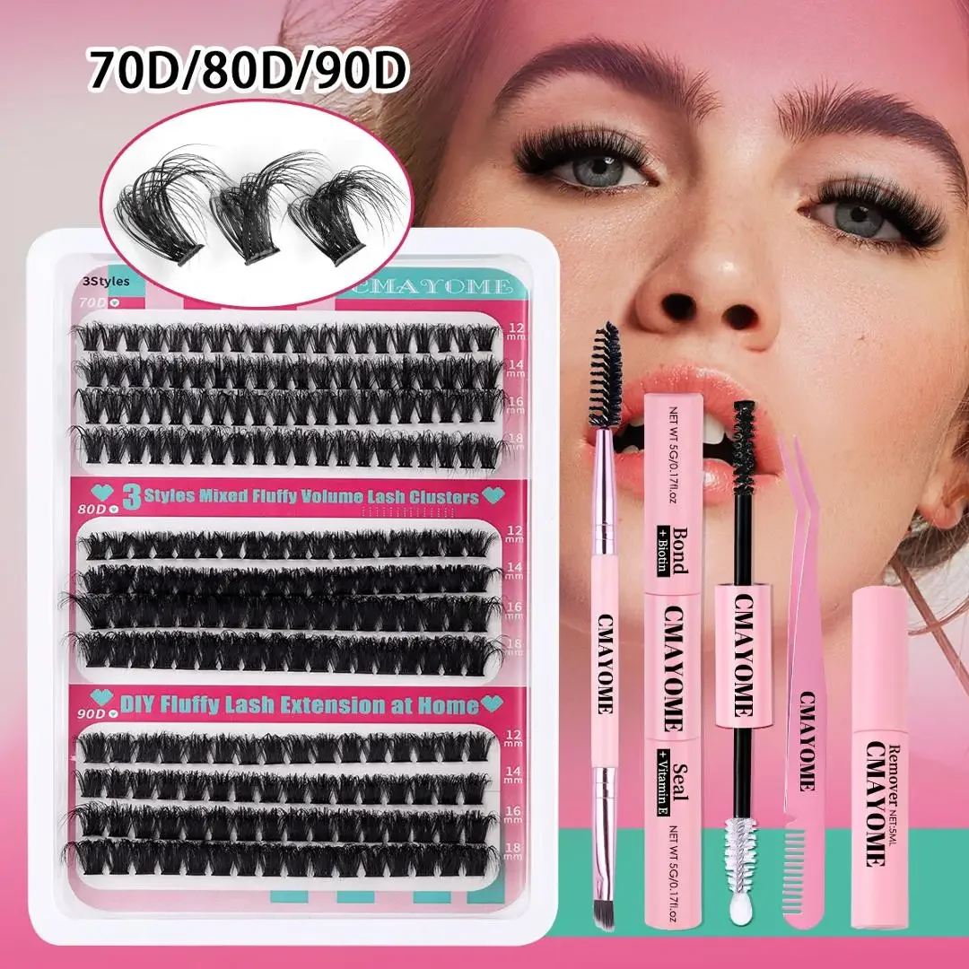 Extensions de Cils Individuels à Faire Soi-Même, Grappes de Cils, Maquillage, Boucles 80D, 90D, avec Applicateur et Dissolvant, 216 Pièces