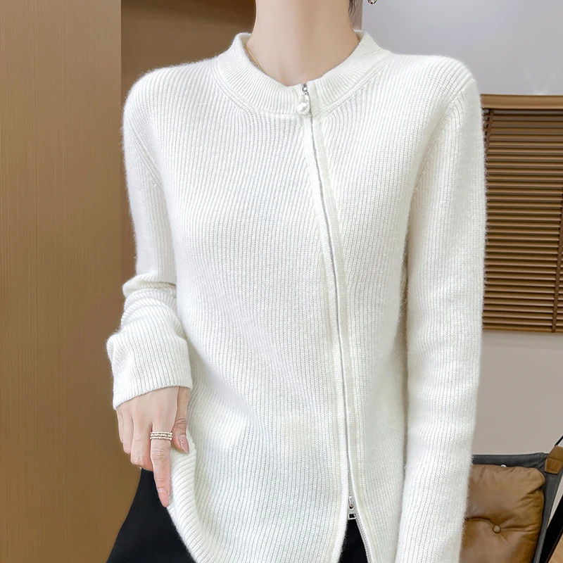 Autumn Winter New 100% Merino Wool Sweater Women\'s Clothing O-Neck Knitted Zipper Cardigan Casual Fashion Korean Version Tops