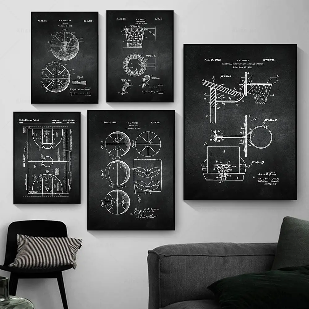 Basketball Patent Poster Prints Sports Basketball Gifts Basketball Hoop,Ball,Backboard Wall Art Canvas Painting Boys Room Decor