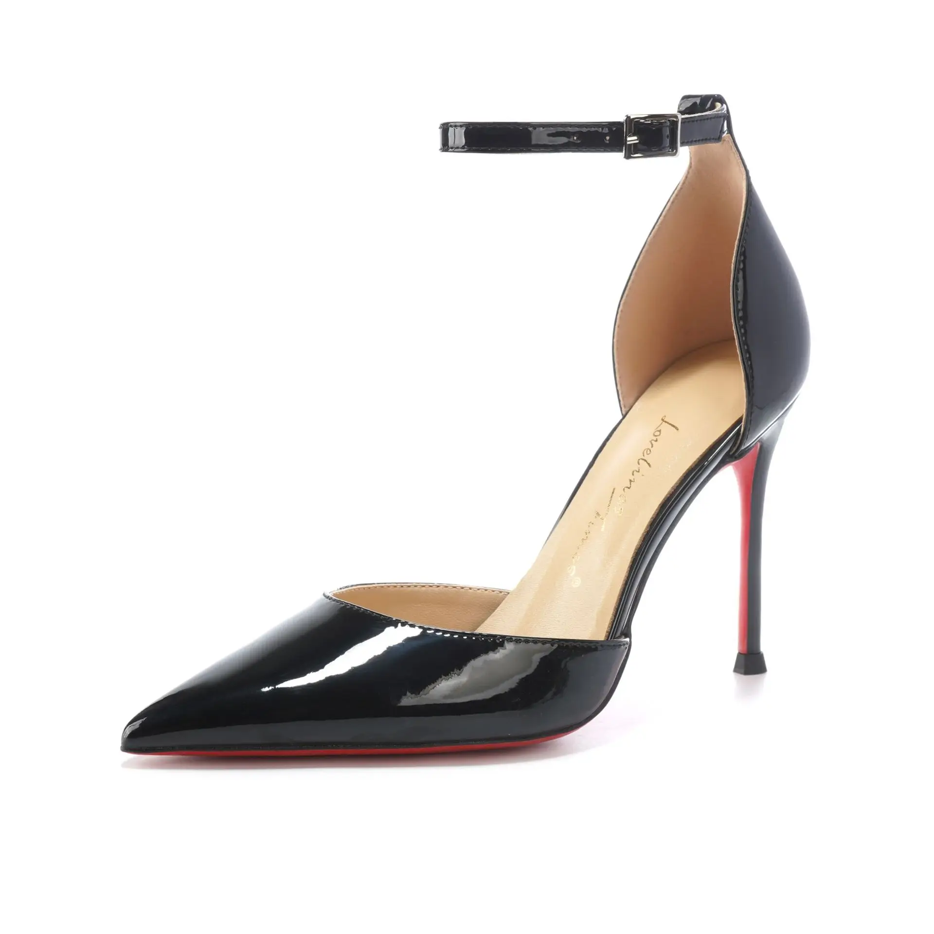 

Red sole hollow straight strap super high heels sandals with red interior pointed patent leather oversized single shoe