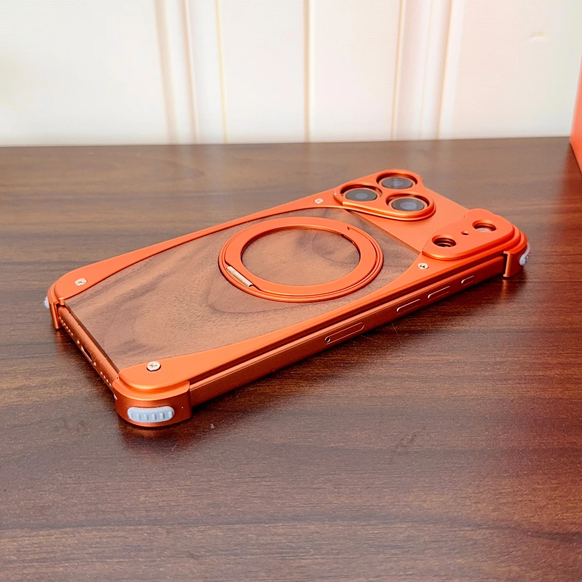 Aluminum Magnetic Wooden Case for iPhone 18 17 Pro Max 18 17 Pro Cover Walnut Real Wood Mag-safe Free Rotation Stand Shell