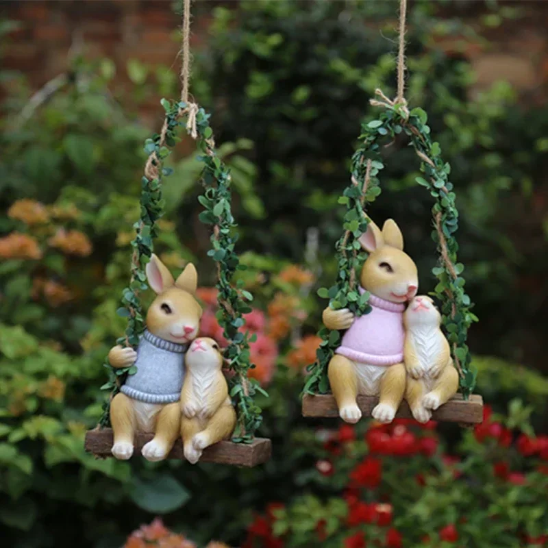 Garden outdoor tree pendant swing rabbit Figurine decoration creative pastoral resin rabbit statue balcony landscaping ornaments