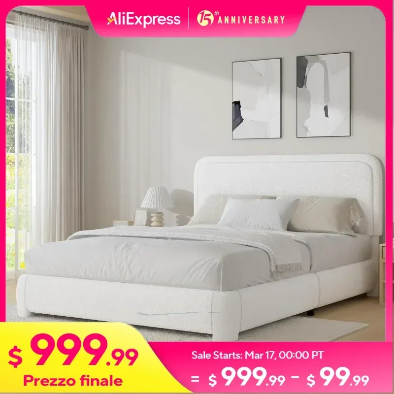 

Queen Bed Frame, Boucle Upholstered Platform Bed Frame with Headboard, Modern Style, Soft Rounded Corners, Easy Assembly