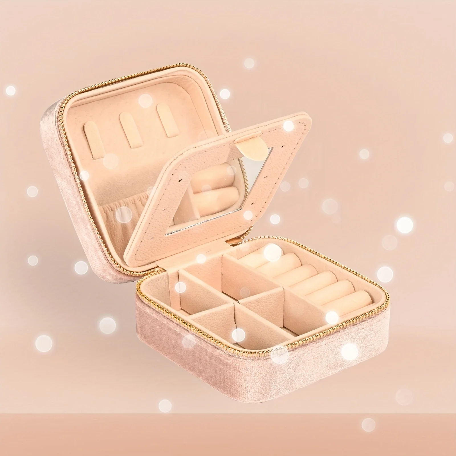 Caixa de armazenamento de jóias de viagem de veludo com espelho, caixa de jóias de viagem pequena caixa de jóias feminina, caixa de armazenamento de brincos com espelho