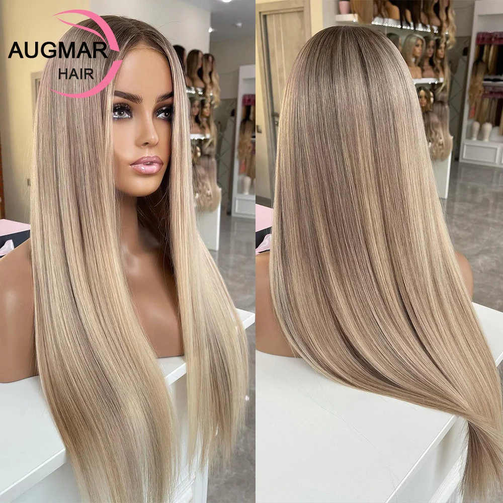 Perruque Lace Front Wig sans colle naturelle, cheveux lisses, 13x6 HD, 13x4, à reflets blonds, 360 de densité