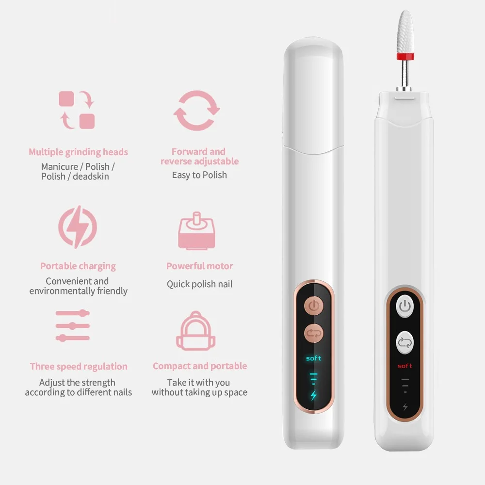 Electric Nail Drill with Light with 3 Gear Adjust 15000RPM Manicure Cutter Nail Repair Pedicure Milling Cutter Polisher Sander
