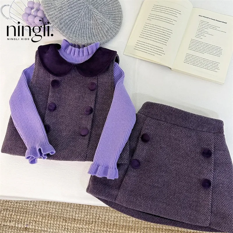 

Girls Purple Suits Children 2024 New Autumn Winter Sweater and Vest and Skirt Three-piece Set Korean Simple Style Fashion Suits