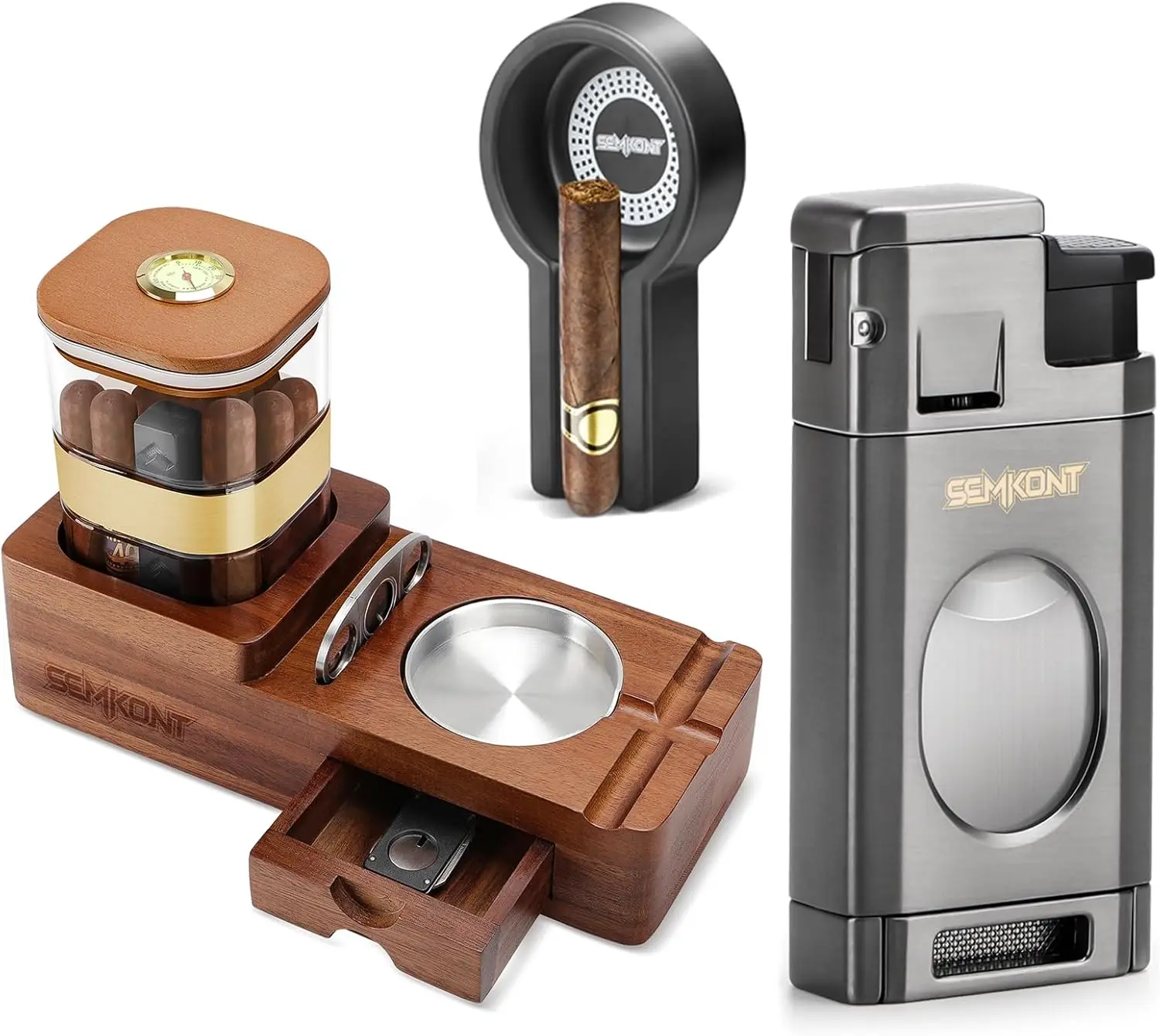 

Деревянный набор для хранения сигар с пепельницей, тройной турбо-зажигалкой и резаком для сигар для ценителей сигар