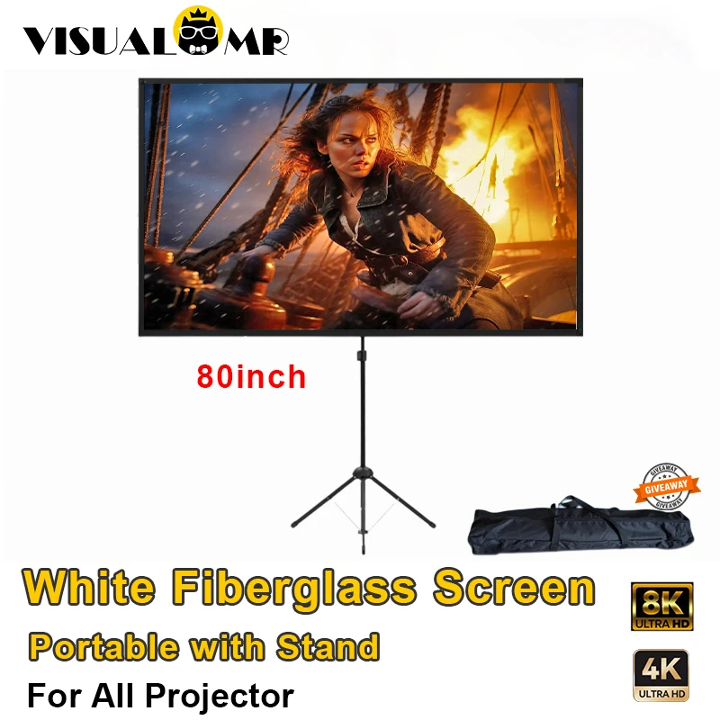 

2024 80inch Portable Projection Screen with Stand White Fiberglass Home Theater Outdoor Bracket with Carry Bag for All Projector