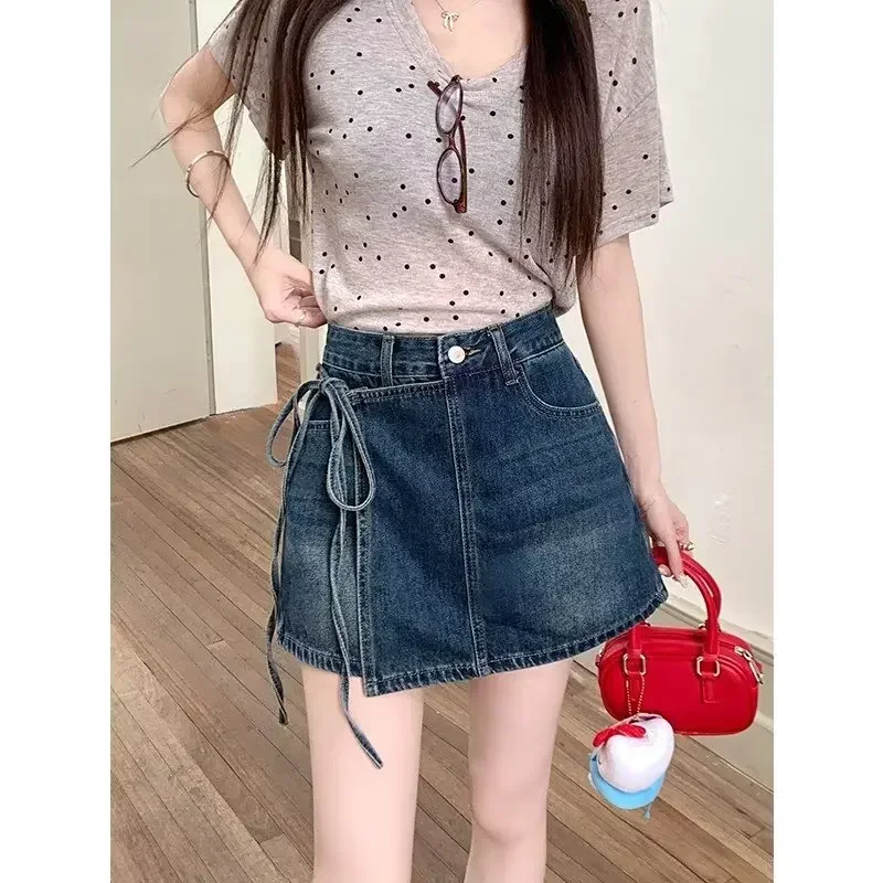 

Короткие джинсы трапециевидной формы с высокой талией, брюки-юбка, женские новые стильные асимметричные брюки с поясом, модная искусственная юбка из двух частей, брюки