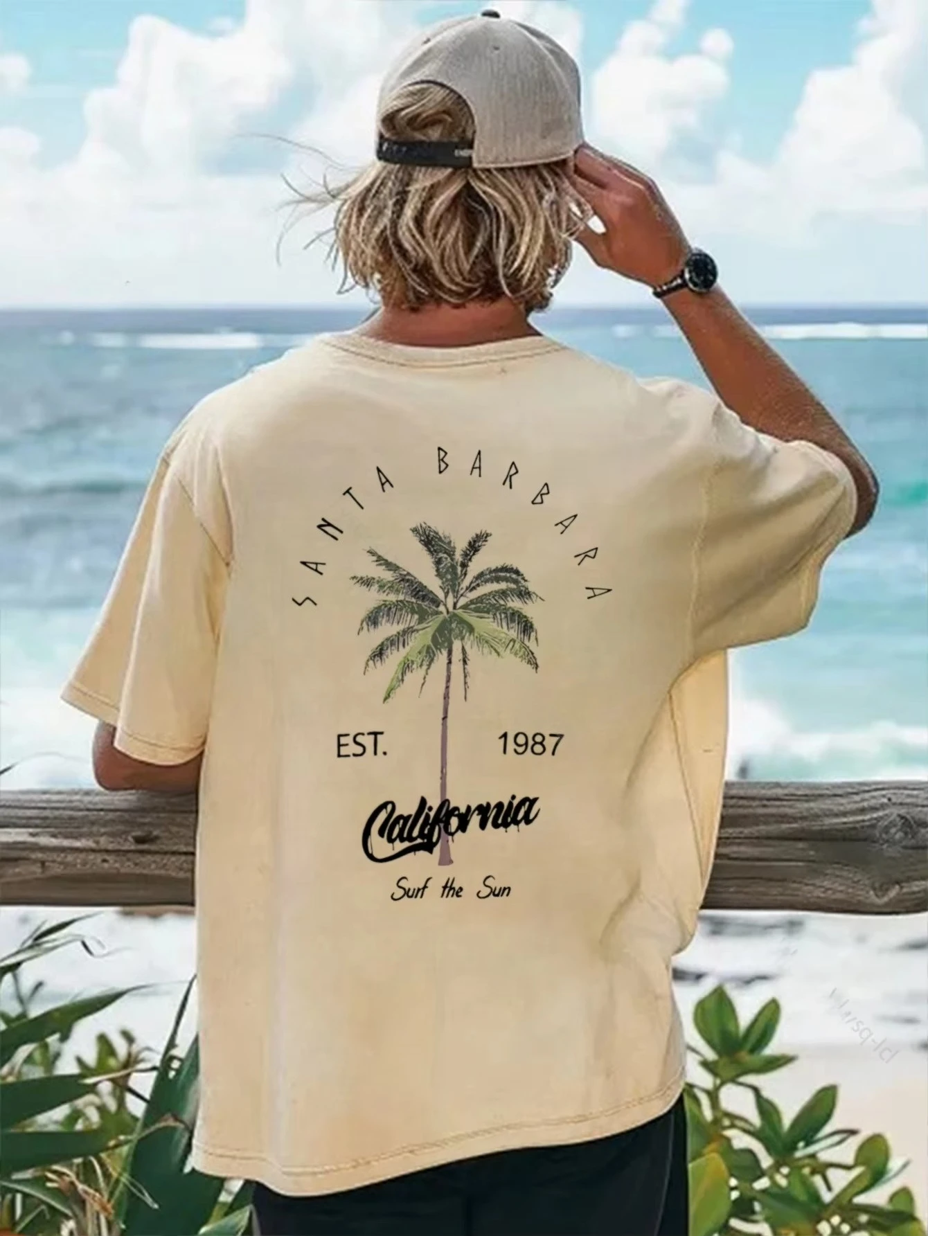 Verão masculino férias lazer ao ar livre surf praia camiseta manga curta santa barbara califórnia padrão e palmeira geométrica